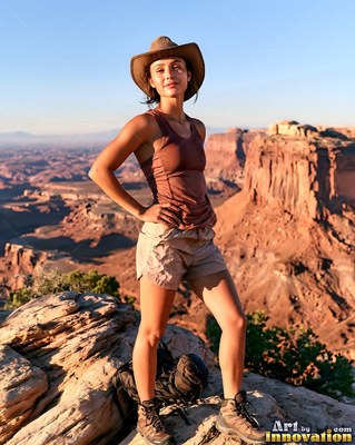 Standing with hands on her hips, a woman in a wide-brimmed sun hat pauses over a desert canyon