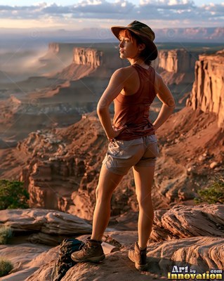 On a red canyon rim, a woman in an outdoor sun hat stands with hands on her hips