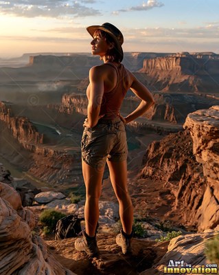 Standing on a rocky canyon rim at sunset, a woman in a hat gazes out over red rock cliffs