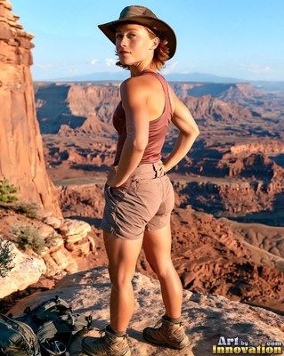 A woman in an outdoor sun hat and shorts stands over a red rocky canyon rim