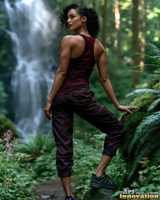 In a dark maroon tank top, a woman pauses on a lush fern path near a tall forest falls