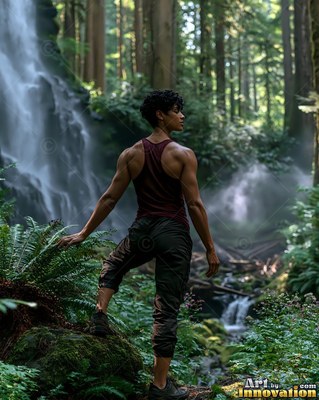A muscular woman looks back toward a woodland waterfall under soft green light