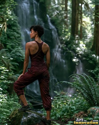 Seen from behind, a woman is standing by a forest waterfall in maroon hiking clothes