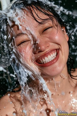 Under a bright flash, a laughing woman gets splashed across the face with water