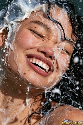 Laughing with closed eyes, a woman is splashed with plain white milk in bright sun