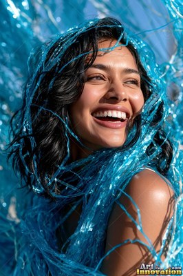 Woman smiles wide with shiny blue tinsel wrapped around her hair