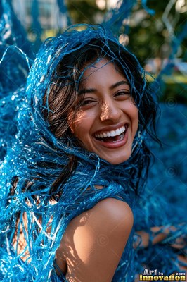 A cheerful woman gets wrapped in blue silly string under warm sunlight
