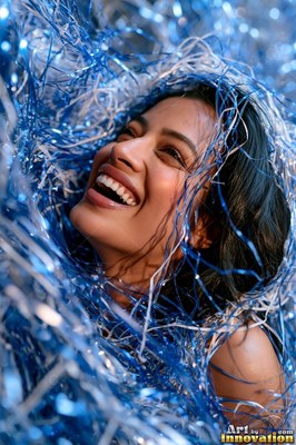 Tilted back in shiny blue tinsel, a chuckling woman looks up