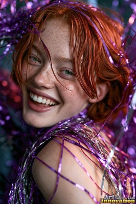 Under bright party lights, a smiling redheaded woman is covered in purple tinsel