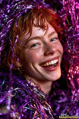 A red-haired woman laughs surrounded by shiny purple tinsel
