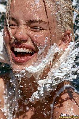 Blonde hair plastered wet as a woman giggles under bright sun, hit by splashing white foam