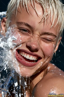 A smiling blond woman ends up splashed with plain white cream in bright sunlight