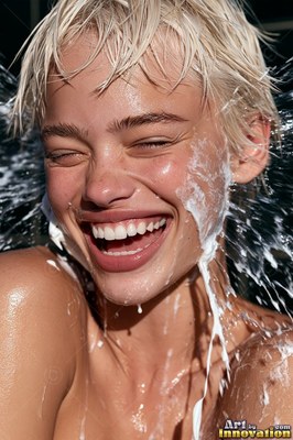 Facing forward outdoors, a laughing woman with blonde hair gets splashed with white cream