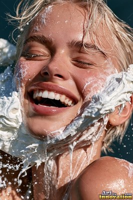 A blonde woman bursts out laughing with her eyes shut as thick white cream hits her face