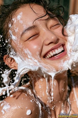 In bright daylight, a smiling woman gets hit in the face with white cream