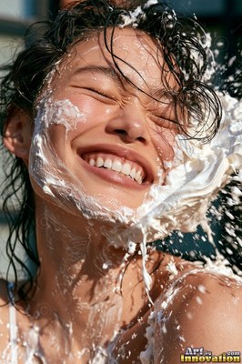 Laughing in the sun, a woman squints as white foam splashes across her face