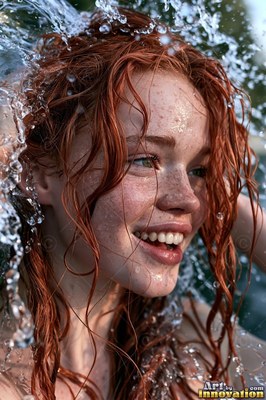 A smiling freckled woman with wet red hair gets splashed with clear water