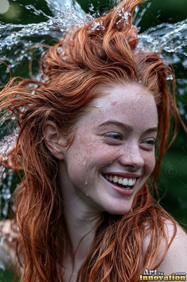 In a green yard, a freckled woman with red hair laughs as water splashes over her