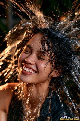 A woman smiling with wet hair gets splashed with water