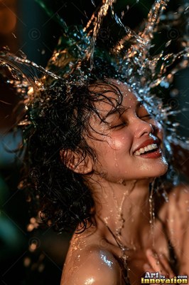 Wet curls cling to a cheerful woman as clear water splashes over her head in the dark