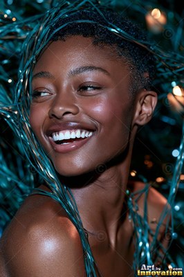 Turned sideways indoors, a smiling woman is tangled in blue string lights