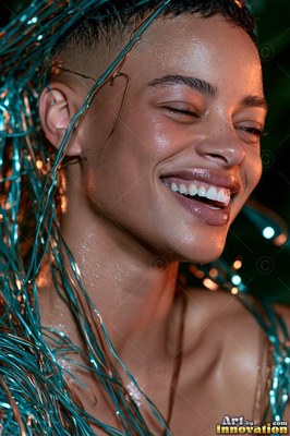 A grinning woman with wet skin covered in shiny blue tinsel strings