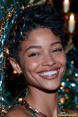 In a warm room, a woman with a smile with short hair wears blue tinsel garland