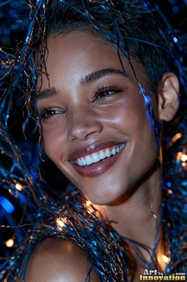 Smiling broadly, a woman with short dark hair is tangled in shiny blue tinsel and lights