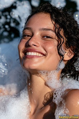 A cheerful woman with wet curls covered in white foam