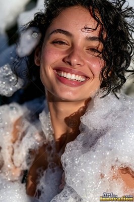 Curly wet hair frames a smiling woman surrounded by mounds of white soap foam in bright sunlight