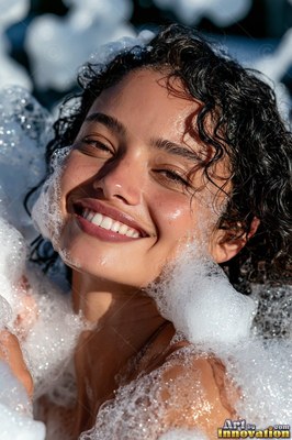 A cheerful woman covered in thick white foam under warm bright sunlight