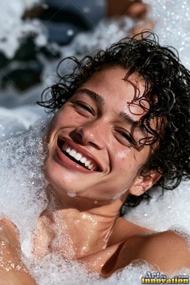 Lying back in thick white foam, a woman smiling with wet curly hair