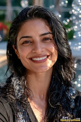 Smiling dark-haired woman in a black shirt outdoors with water on her shoulders