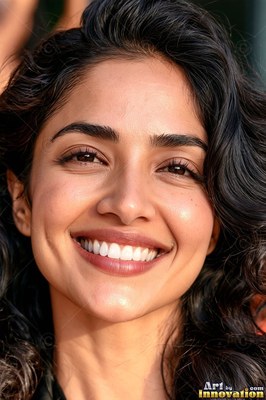 In bright sunlight, a woman with a smile with dark curly hair shows dimples