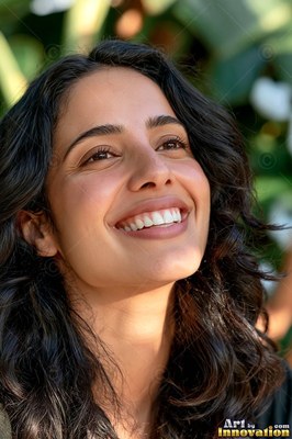 Smiling upward in warm sunlight, a dark-haired woman looks toward the sky outdoors