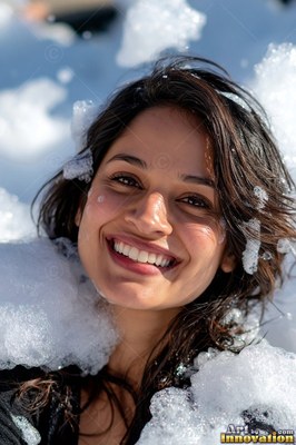 Grinning woman covered in white soap foam outside in bright sunlight