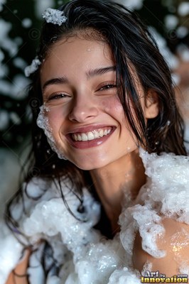 Dark wet hair frames a woman with a smile covered in white soapy foam outdoors