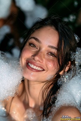 A woman smiling is covered in white soap bubbles under bright sunlight
