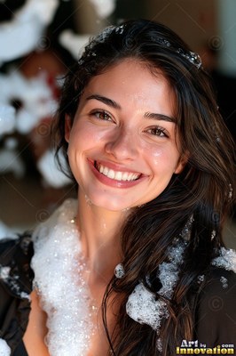 Smiling head-on indoors, a dark-haired woman covered in white soap bubbles