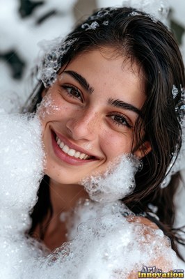 A smiling dark-haired woman with freckles covered in white soap foam