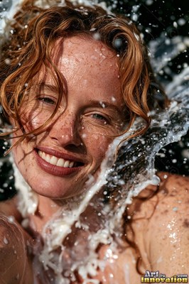 In bright daylight, a smiling freckled woman is hit by a splash of white milk