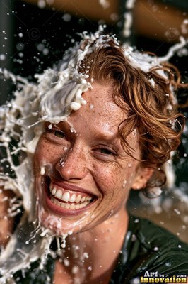Laughing as splashing white milk splashes over her head, a freckled woman smiles broadly