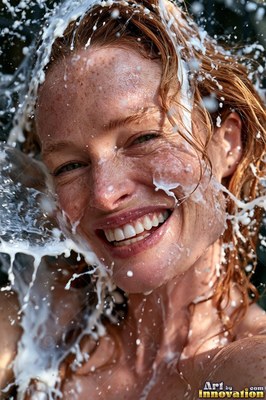 Smiling redheaded woman splashed with milk
