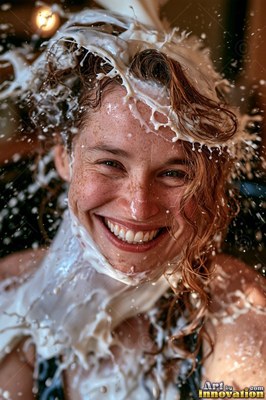 Freckles dot the grinning woman's face indoors as thick white milk splashes over her head