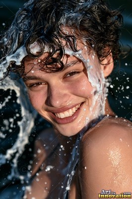 A woman smiles as milk splashes over her curly dark hair in warm sunlight