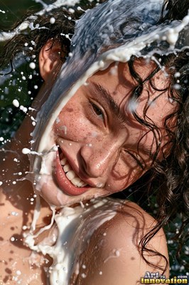 Tilted close outdoors, a grinning woman gets splashed with splashing white milk across her face