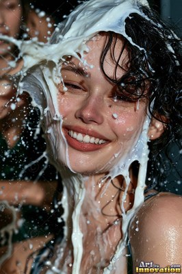 A smiling young woman with dark hair gets splashed right in the face with white milk