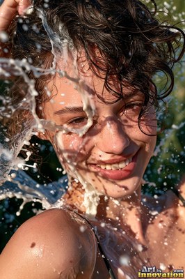 Outdoors in bright sunlight, a woman with a smile is splashed with plain white milk