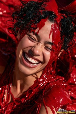 Laughing with eyes shut, a woman is covered in thick red paint dripping down her face