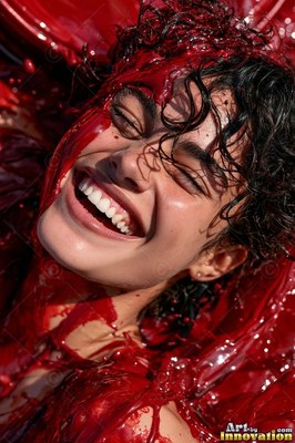Woman smiling happily while covered in glossy red sauce